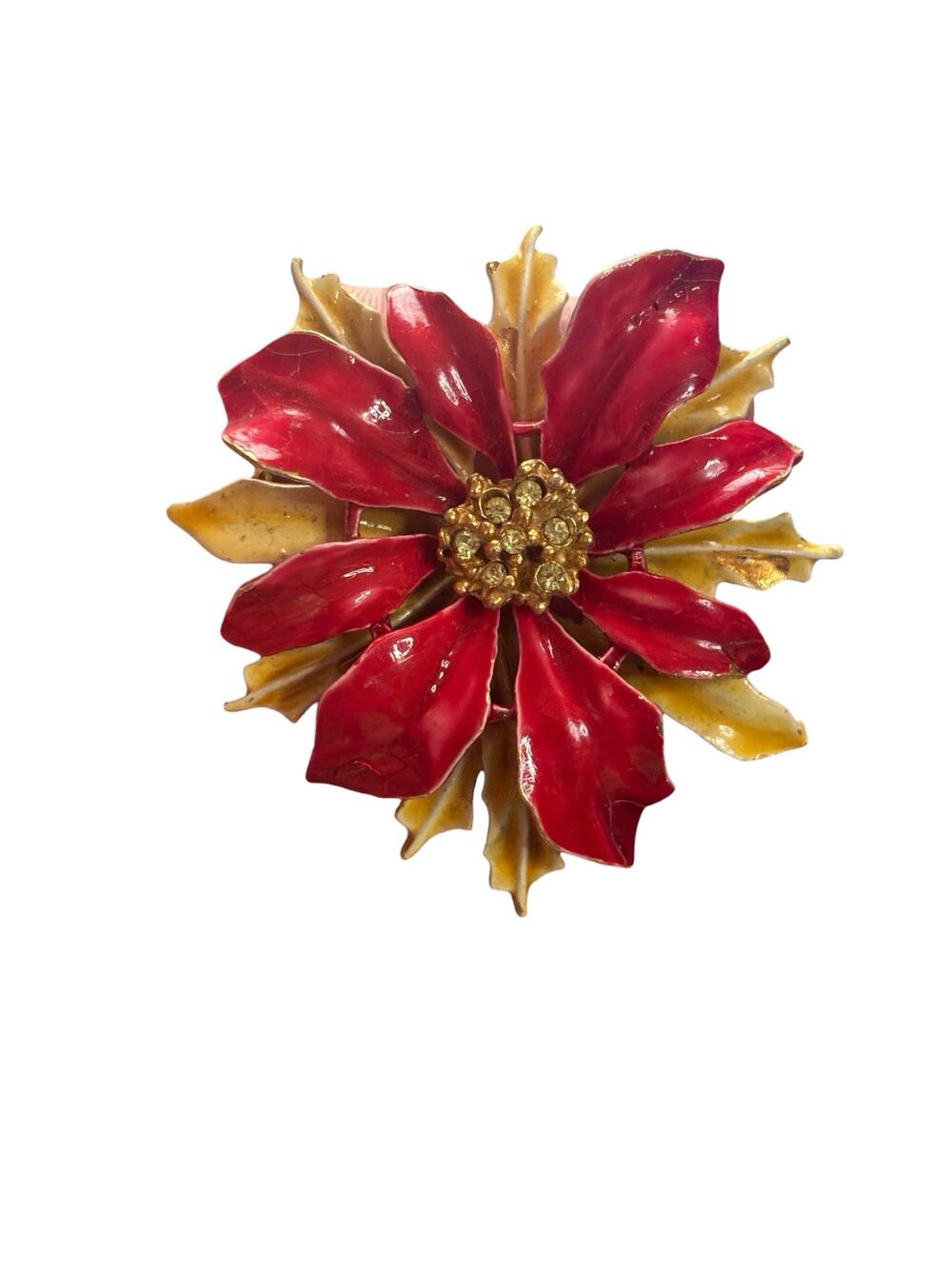 Vintage ART Signed Poinsettia Brooch Red Enamel Rhinestone Gold Tone Christmas